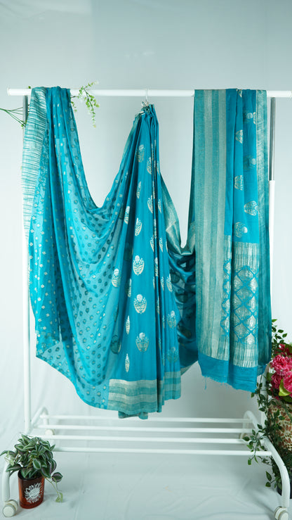 Pure georgette with gold and silver zari-Sea green