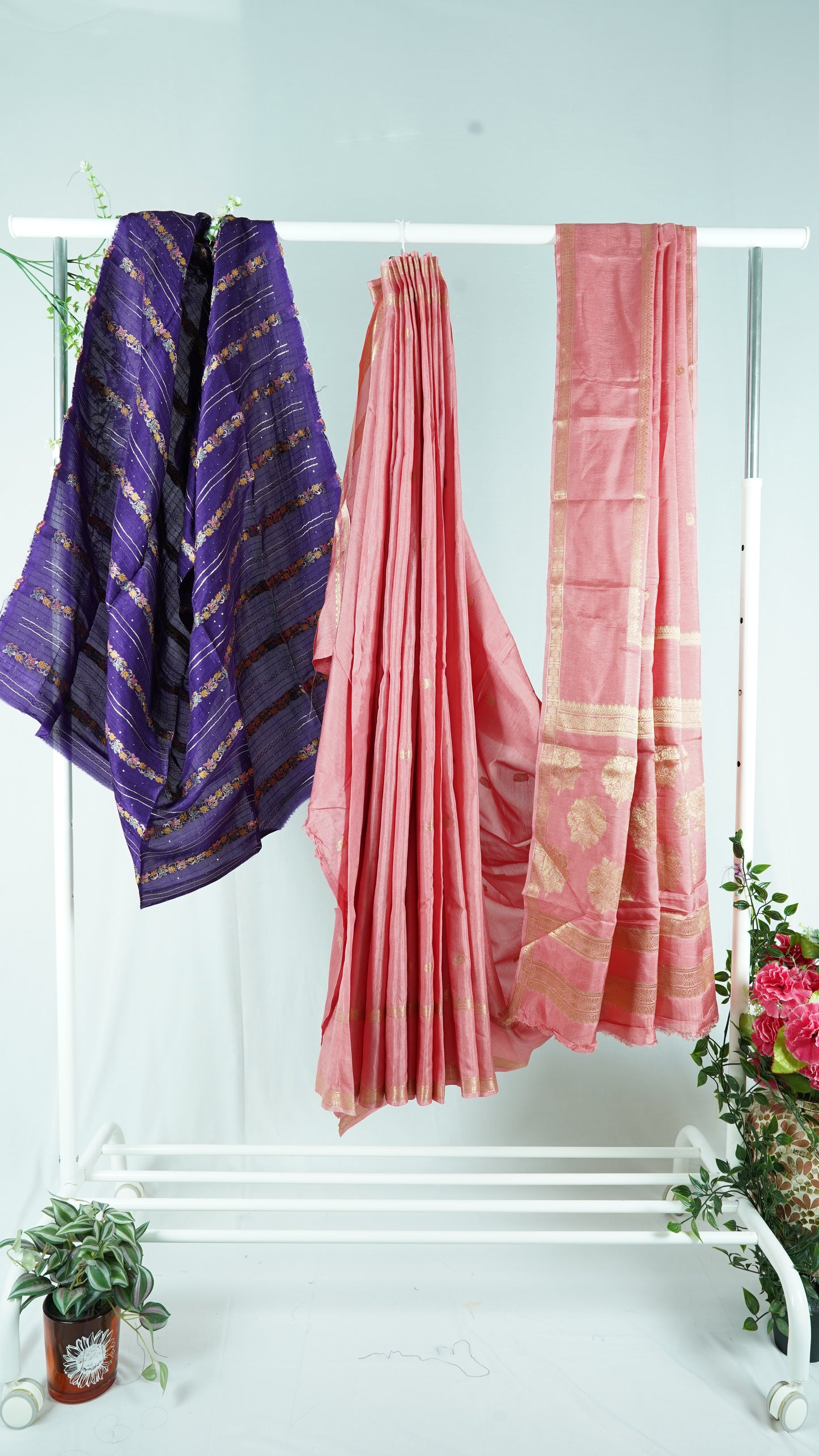 Onion pink Viscose silk saree with purple blouse