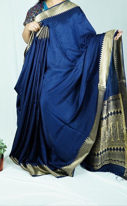 Viscose silk saree with Meenakari blouse-navy blue