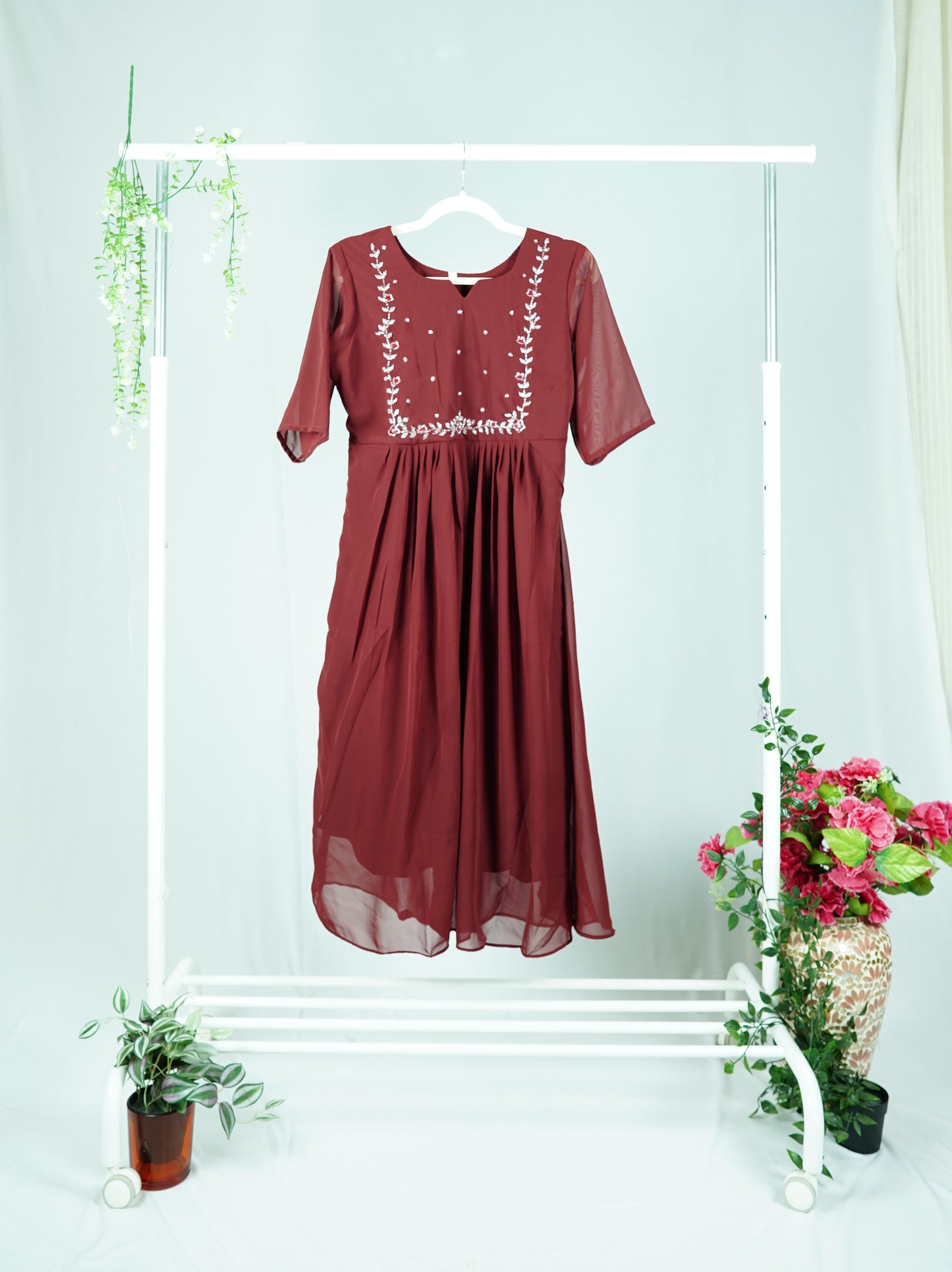 Maroon Georgette A-Line Kurti with Yoke Bead Work