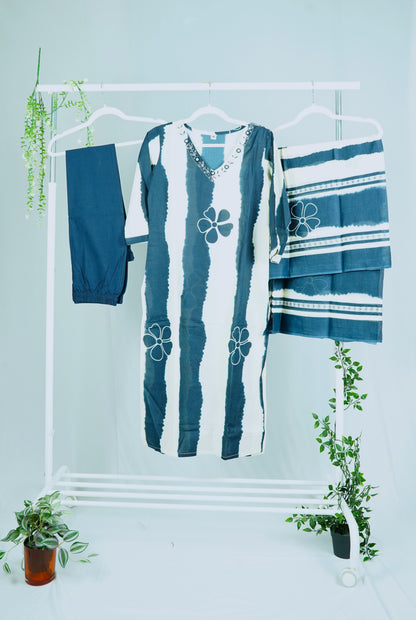 White and Blue Cotton Kurti Set