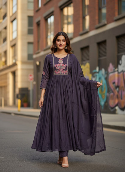 Dusty Purple Mulchanderi Anarkali Kurti Set