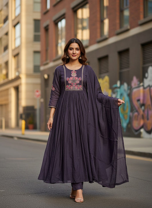 Dusty Purple Mulchanderi Anarkali Kurti Set