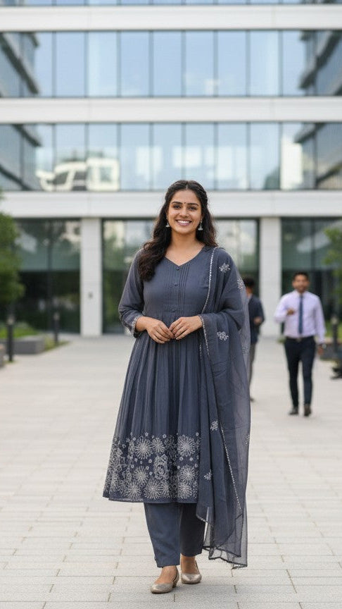 Grey Mulchanderi Kurti Set
