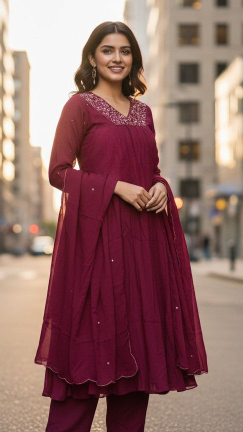 Dark Wine Mulchanderi Kurti Set