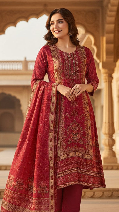Red Soft Tissue Kurti Set