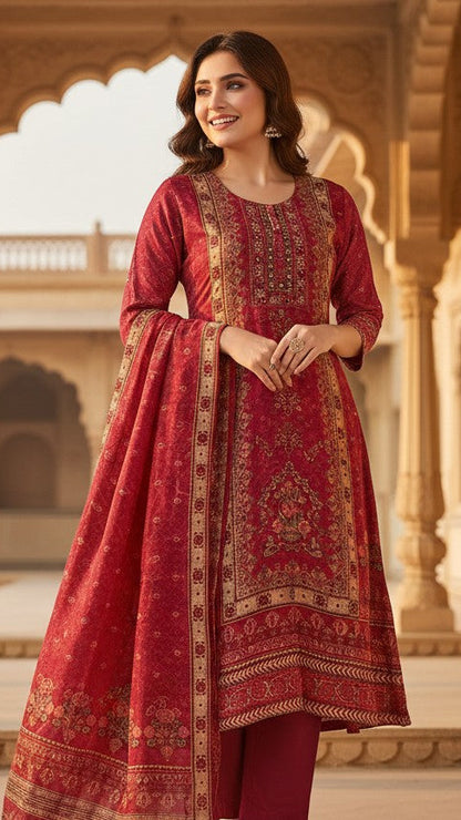 Red Soft Tissue Kurti Set