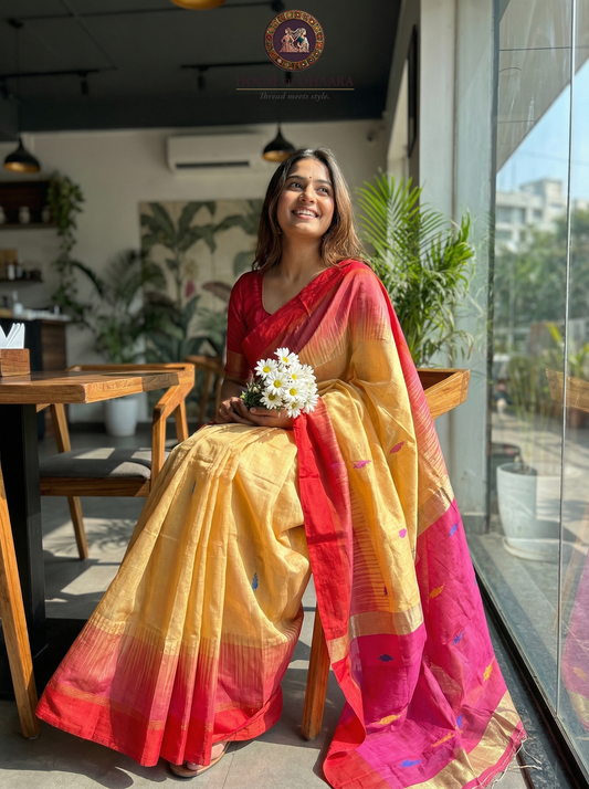 Jute cotton jamdhani saree - Cream & red