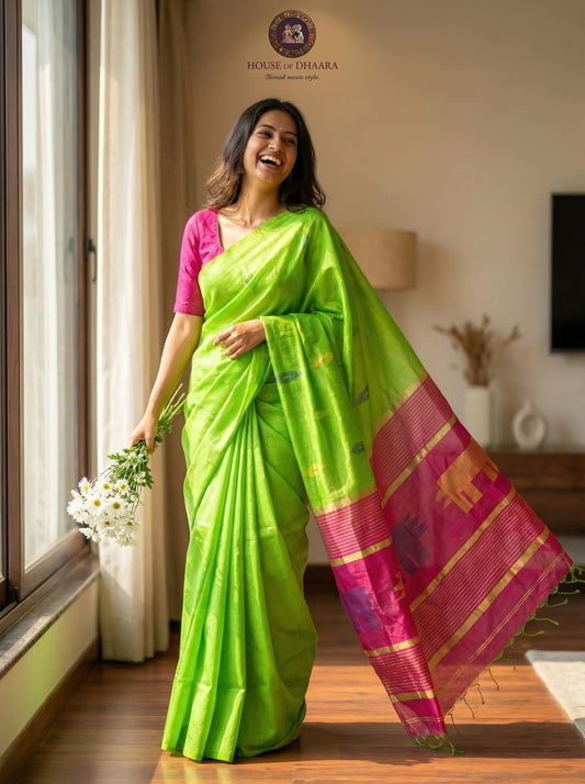 Jute cotton jamdhani saree - Green & pink