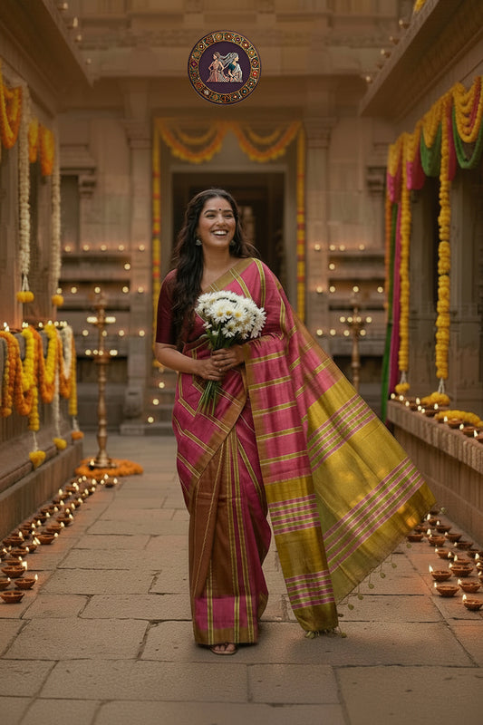 Pink & Green Mangalagiri Multi jute lines Saree
