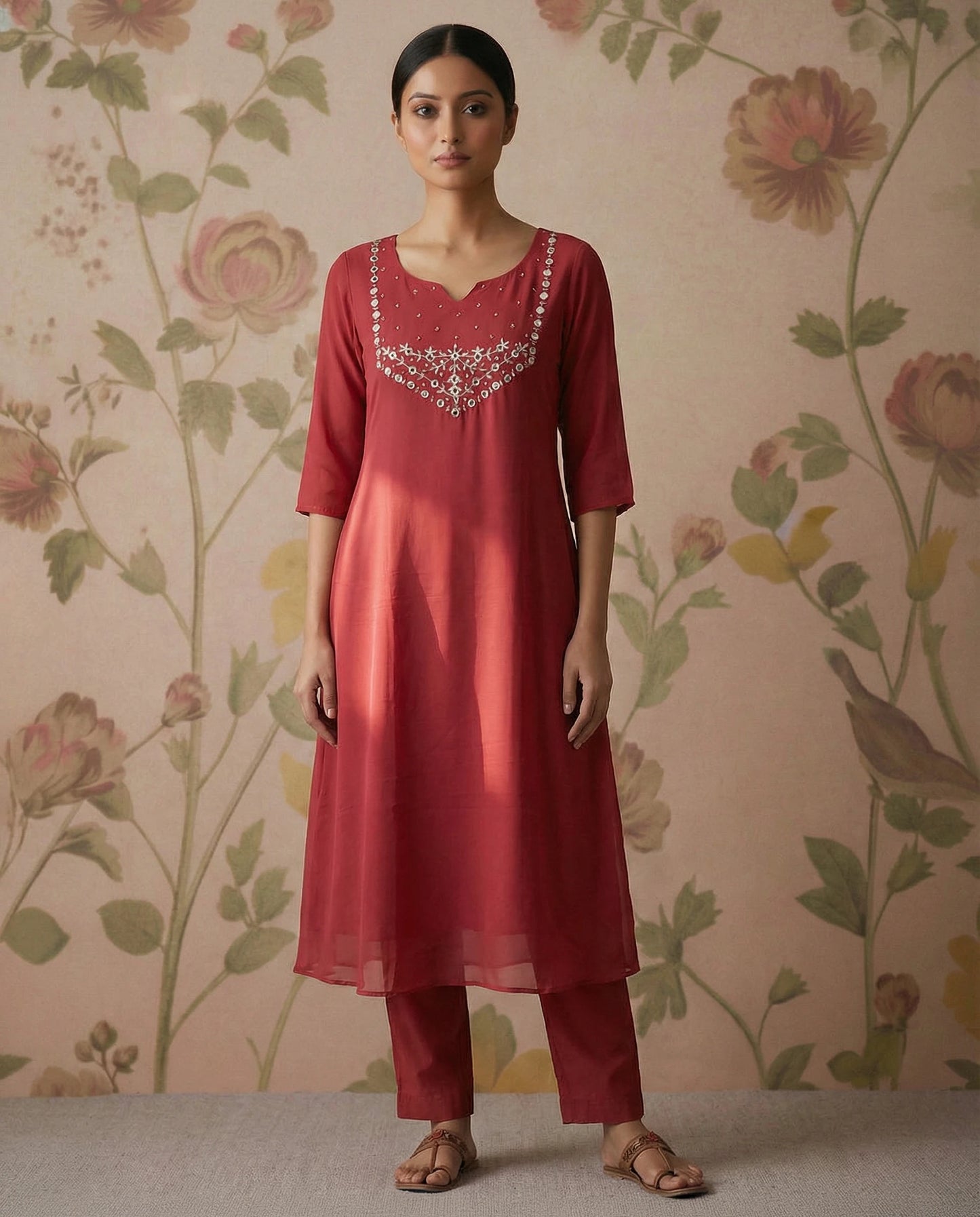 Pastel Pink Georgette Kurti with Yoke Mirror Work