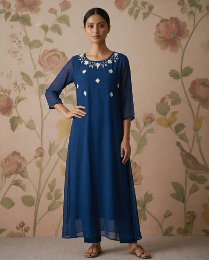 Teal Blue Georgette A-Line Kurti with Yoke Work