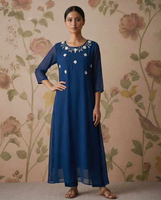 Teal Blue Georgette A-Line Kurti with Yoke Work