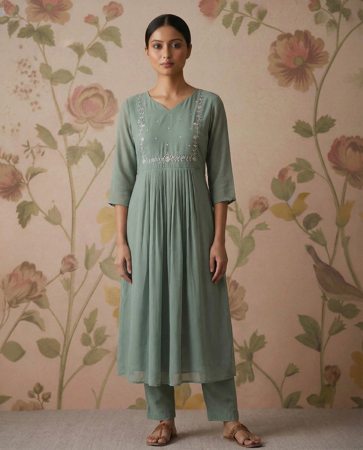Light Grey Georgette A-Line Kurti with Yoke Bead Work
