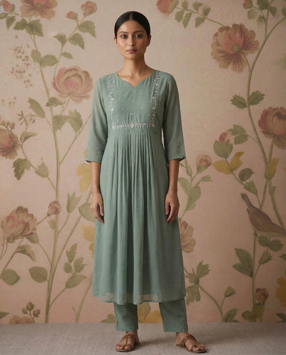 Light Grey Georgette A-Line Kurti with Yoke Bead Work