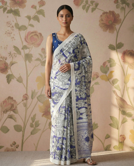 White & Purple Mangalagiri Kalamkari Print
