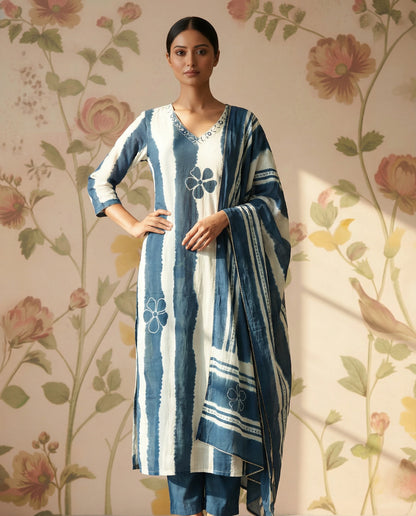 White and Blue Cotton Kurti Set
