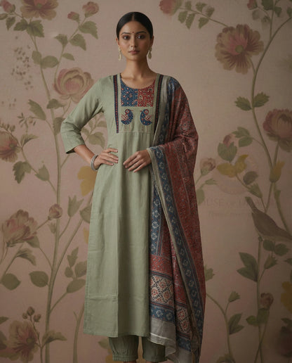 Grey Pure Cotton Kurti Set with Yoke Design