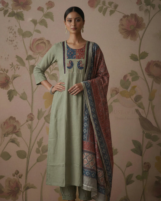 Grey Pure Cotton Kurti Set with Yoke Design