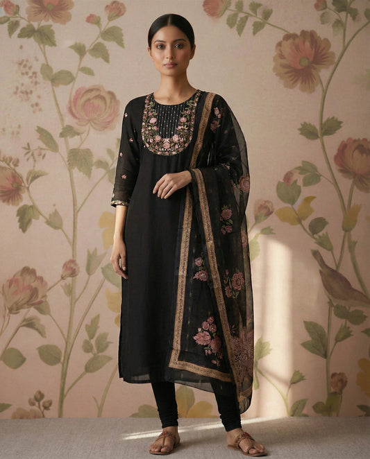 Black Mul Chanderi Kurti set