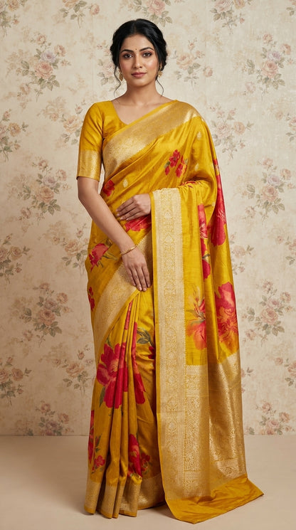Premium Floral Printed Crepe With Zari Border