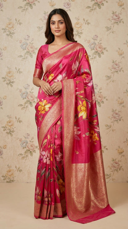 Premium Floral Printed Crepe With Zari Border
