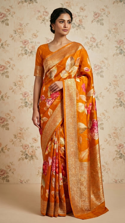 Premium Floral Printed Crepe With Zari Border