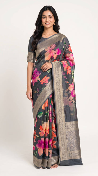 Premium Floral Printed Crepe With Zari Border