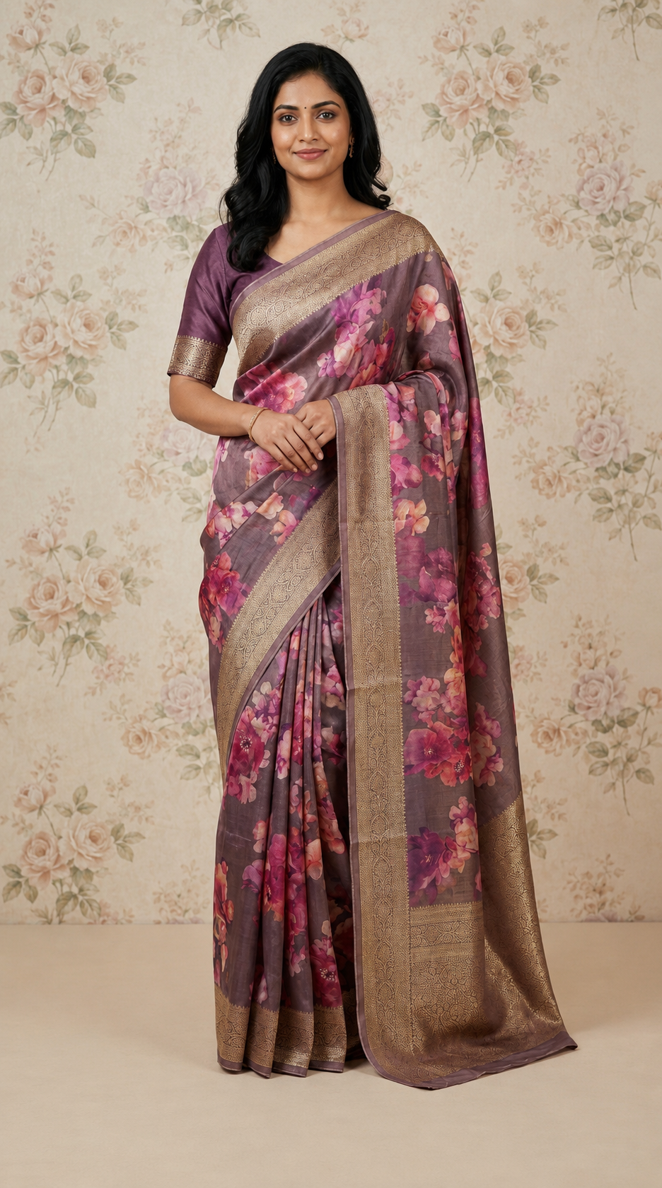 Premium Floral Printed Crepe With Zari Border