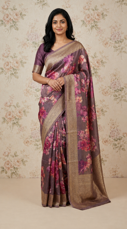 Premium Floral Printed Crepe With Zari Border