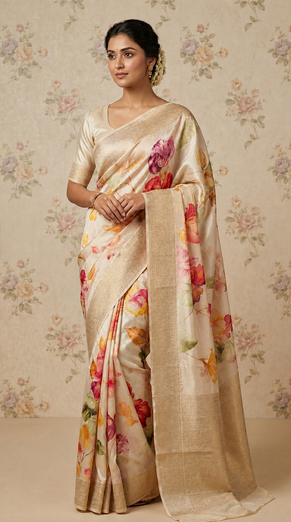 Premium Floral Printed Crepe With Zari Border