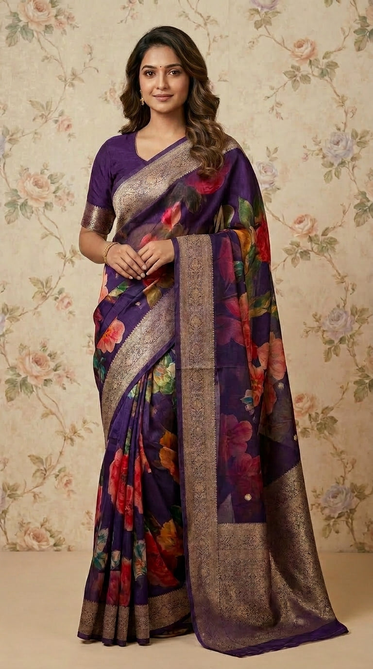 Premium Floral Printed Crepe With Zari Border