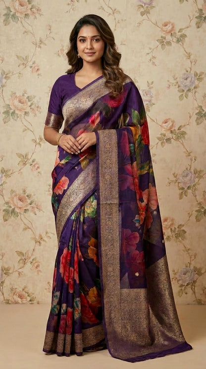 Premium Floral Printed Crepe With Zari Border