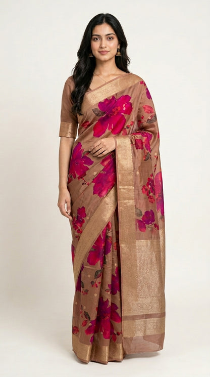 Premium Floral Printed Crepe With Zari Border