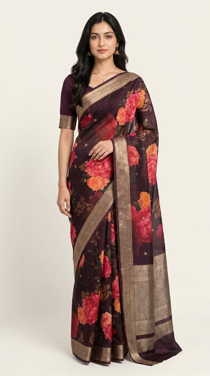 Premium Floral Printed Crepe With Zari Border