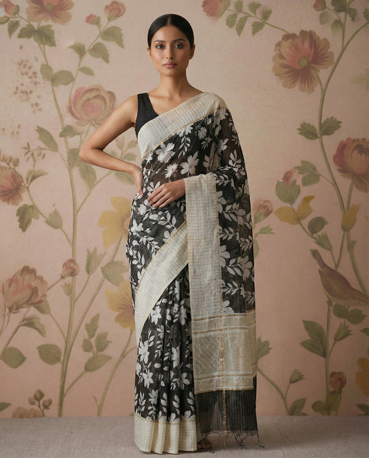 Pure viscose cotton with zari checks border-Grey
