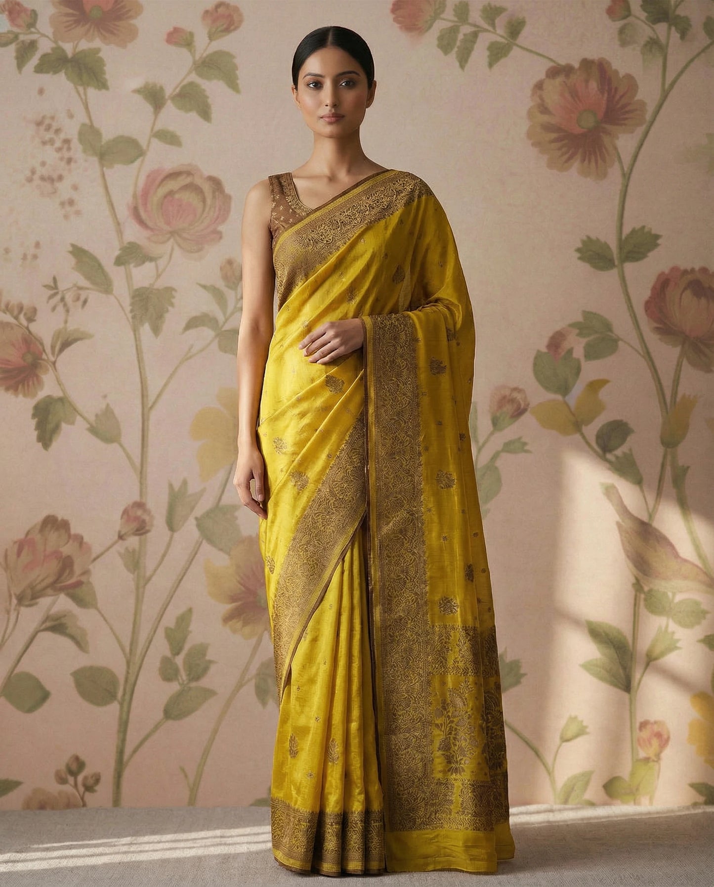 chiffon silk saree with antique zari-mustard yellow