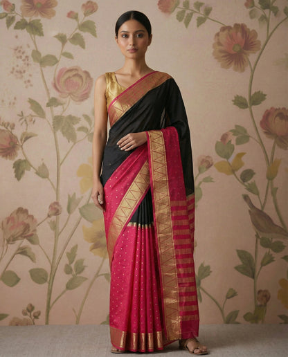 Semi Mysore crepee silk-Black & pink