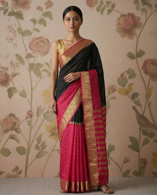 Semi Mysore crepee silk-Black & pink