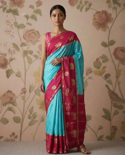 Semi Mysore crepee silk with contrast border-Blue & pink