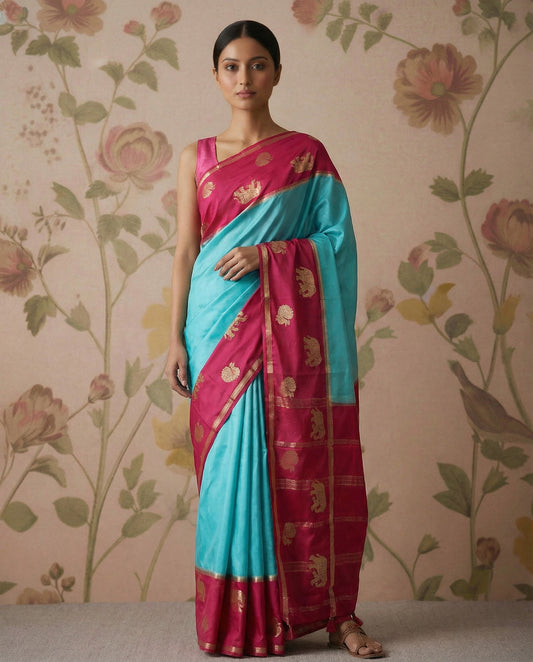 Semi Mysore crepee silk with contrast border-Blue & pink