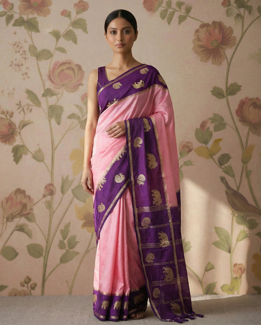 Semi Mysore crepe silk with contrast border-Pink & Purple