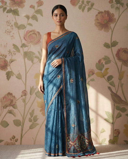 Teal blue crush organza saree with Kantha work
