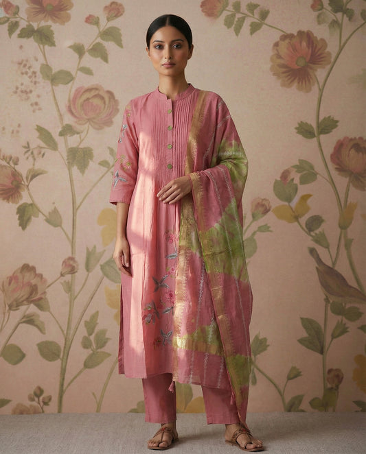 Chanderi cotton A-Line Kurti Set with Thread embroidery