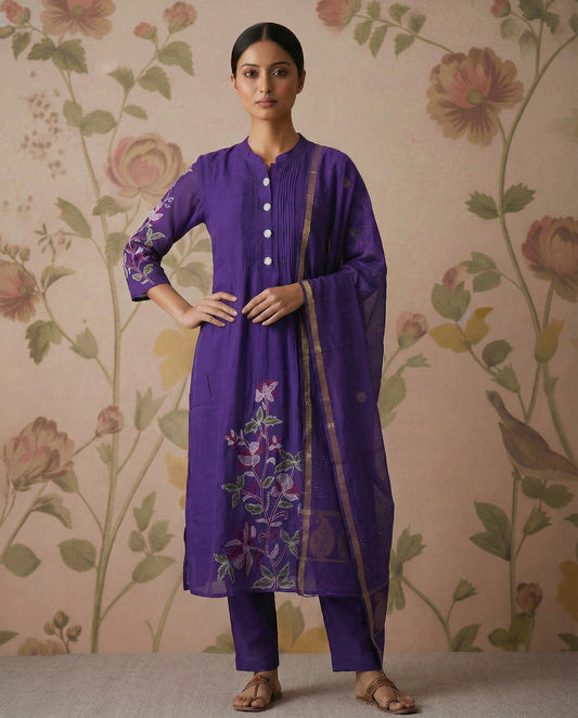 Chanderi cotton A-Line kurti Set with thread embroidery - Purple
