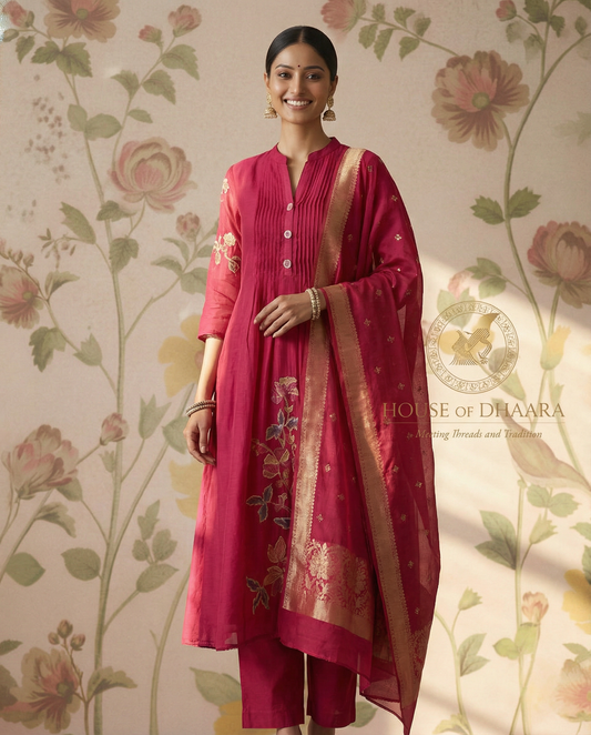 Chanderi Cotton A-Line kurti Set with Thread Embroidery - Pink