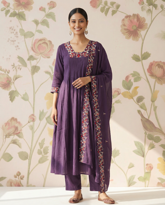 Mul chanderi A -line kurti Set with yoke & duppata work - Dusty Purple
