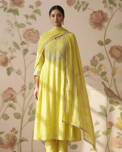 Mul chanderi A -line kurti Set with yoke work - Pastel Yellow