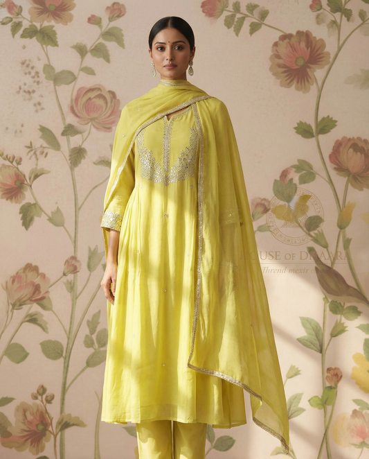 Mul chanderi A -line kurti Set with yoke work - Pastel Yellow