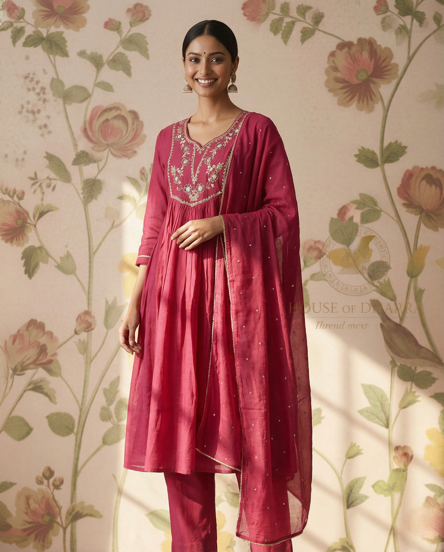 Mul chanderi A -line kurti Set with yoke work - Dusty Pink